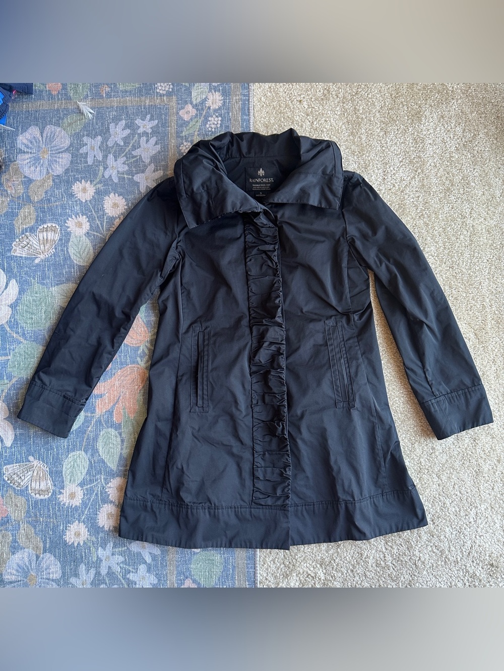 RAINFOREST Black Ruffle-Front Trench Coat